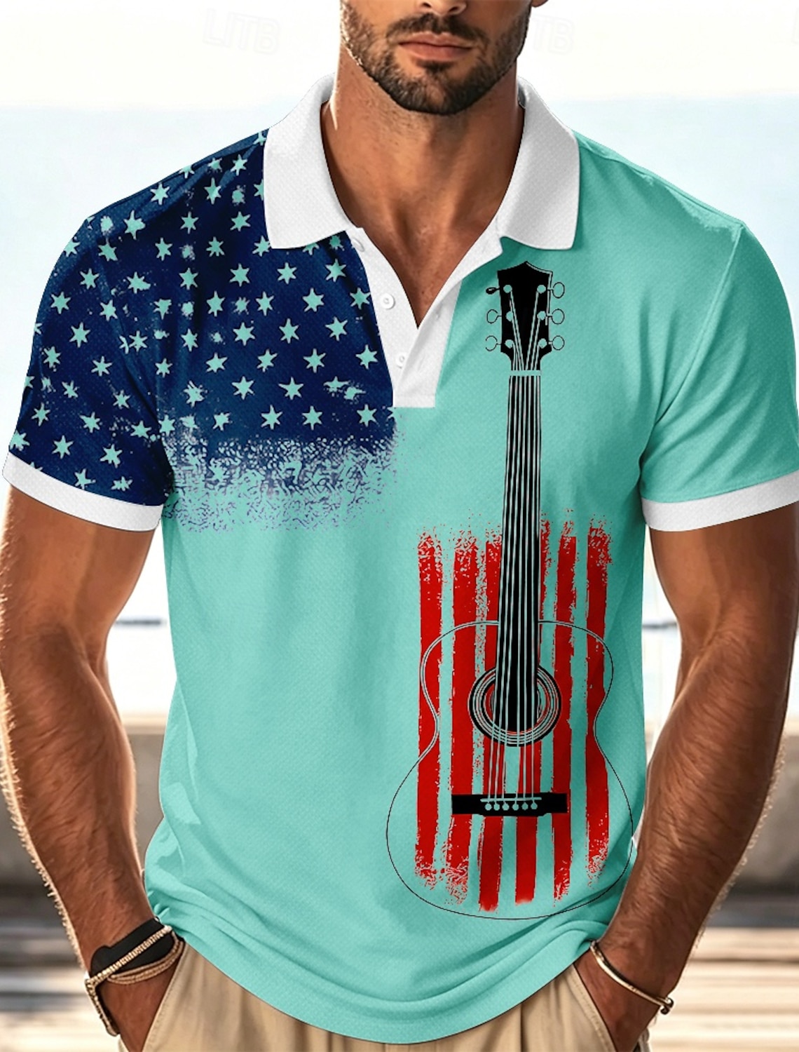 4th of July 2026 250th Men's American US Flag Guitar Polo Shirts Short Sleeve Polo Shirts Collared Shirts Casual Athleisure Festival Wear 3D Print Buttons Breathable Mesh Summer Spring Blue White