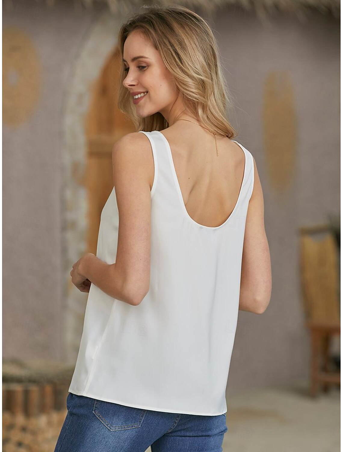 Women's ArmyGreen Black White Plain Sleeveless Daily Basic V Neck Regular S