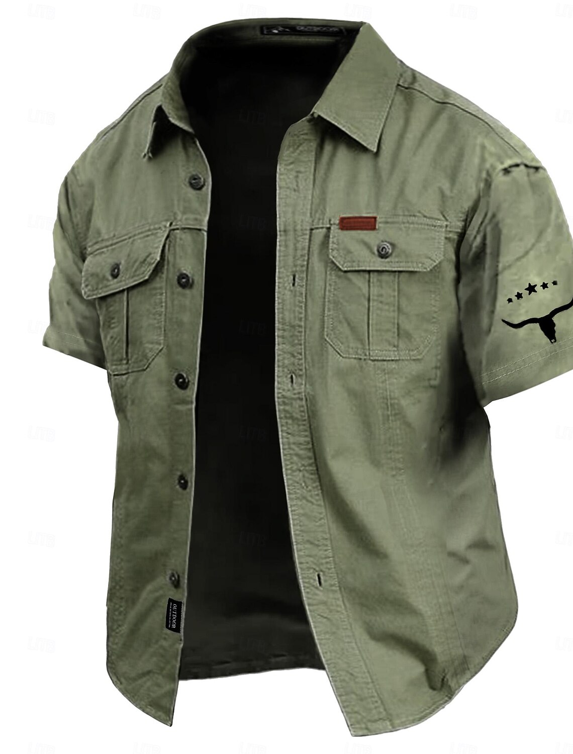 Men's Cow Print Work Shirt Western Cargo Short Sleeve Casual Tactical