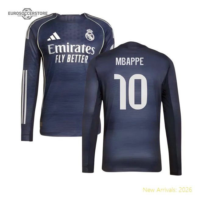 2025-2026 Real Madrid Authentic Long Sleeve Away Shirt (Mbappe 10)