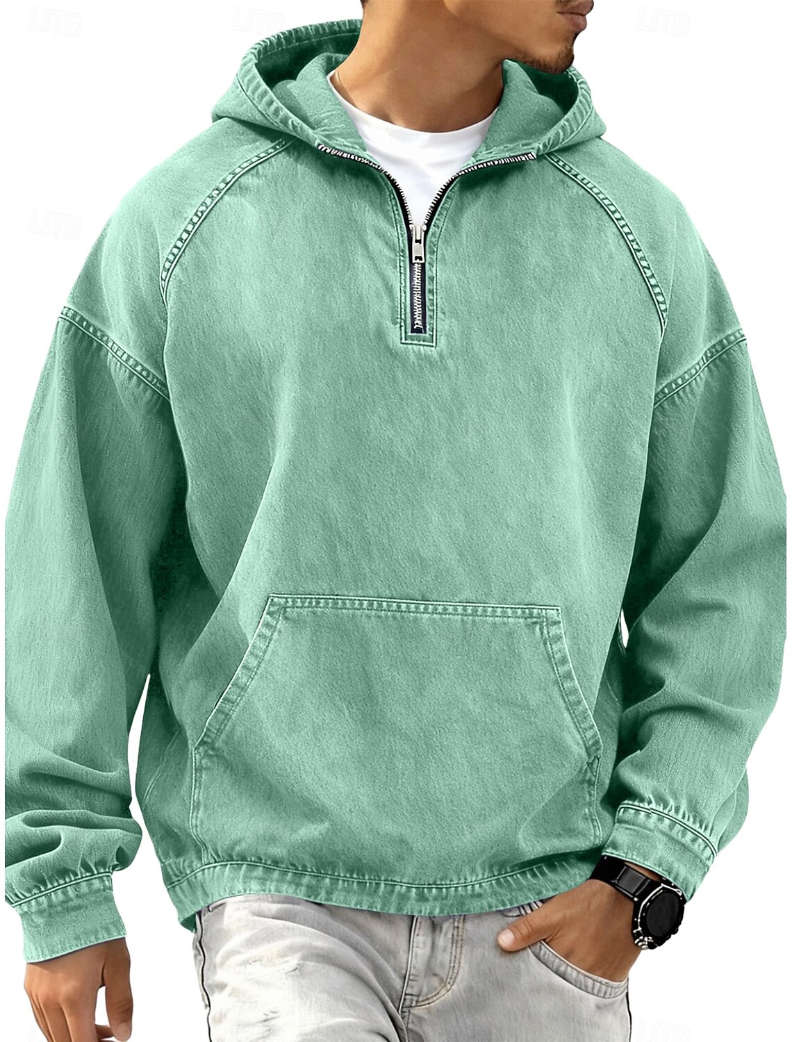 Men's Denim Shirt 100% Cotton Acid Wash Tee Top Long Sleeve Hooded