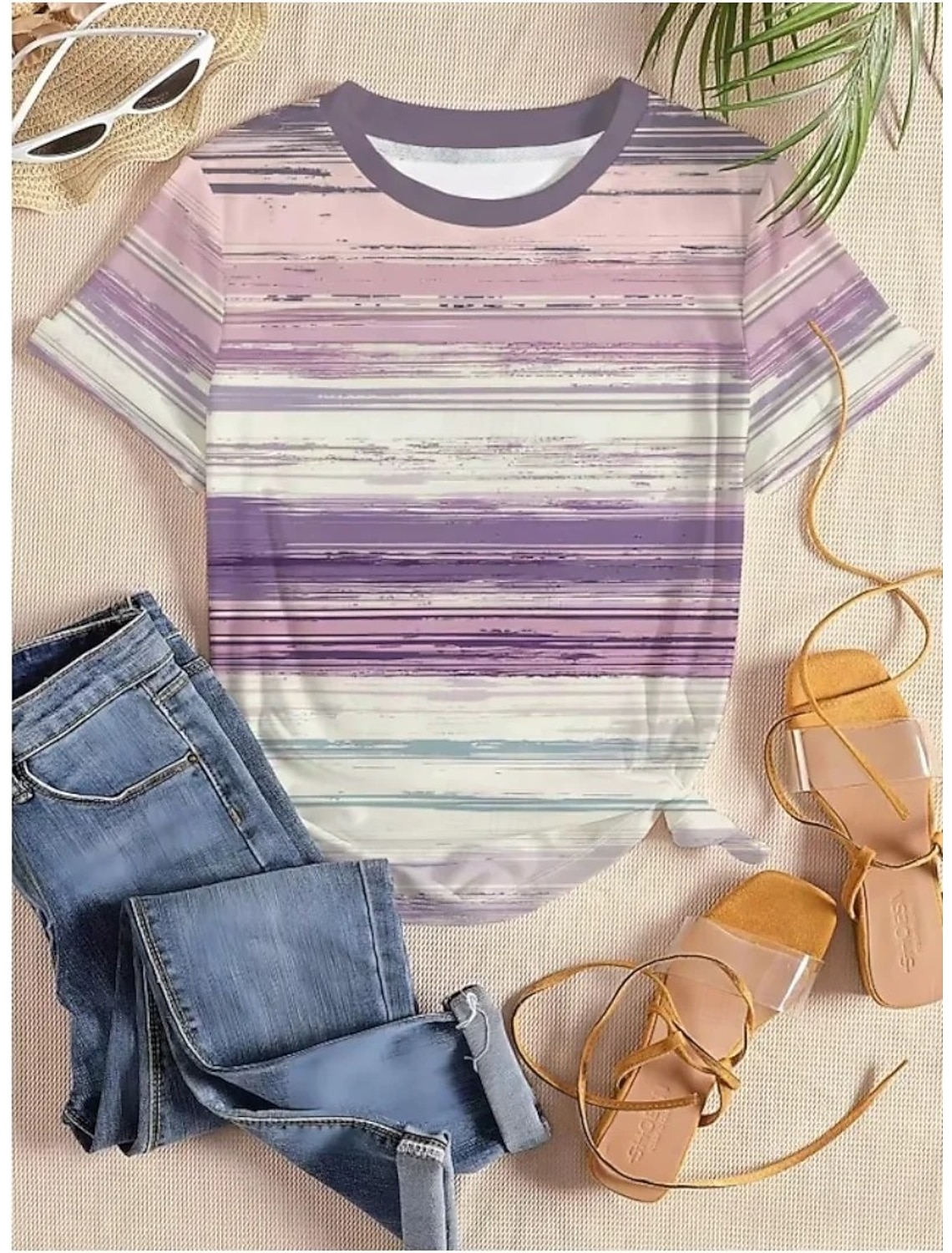 Women's T Shirt Print Striped Graphic Geometric Striped Vintage Stylish Classic Short Sleeve Crew Neck Round Neck Regular Tops Casual Daily White / Green White / Pink Summer Spring