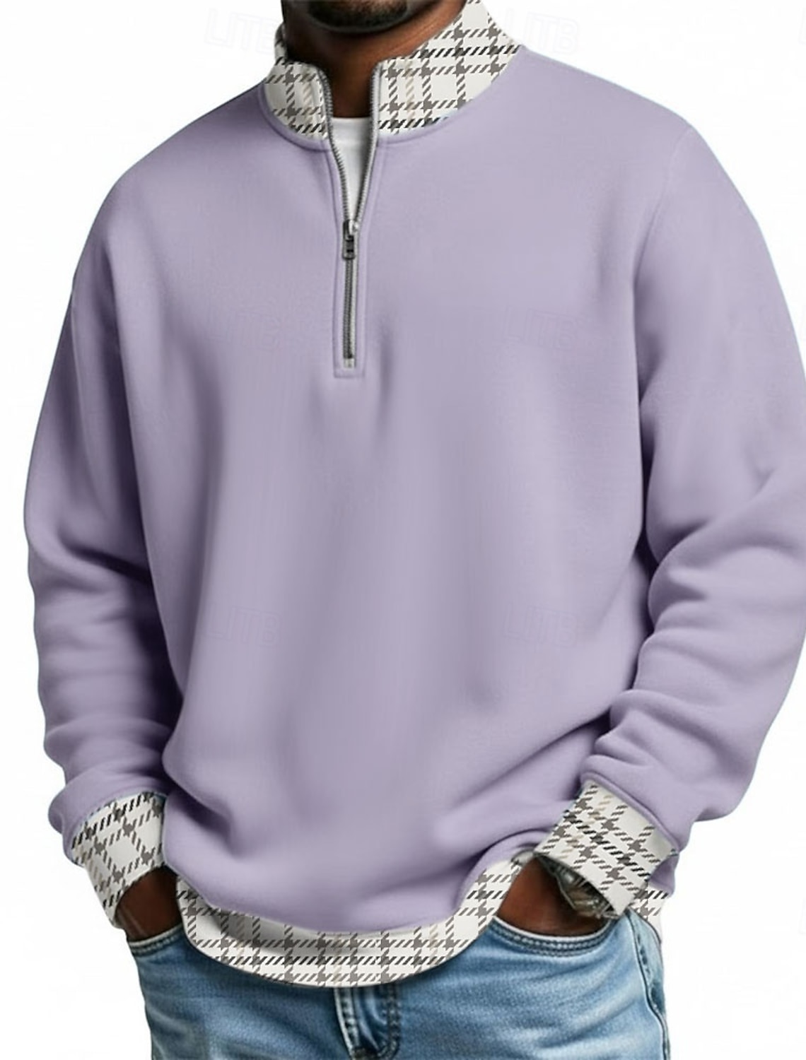 Men's Plaid Zip Polo Shirts Long Sleeve Grandad Collar Casual School