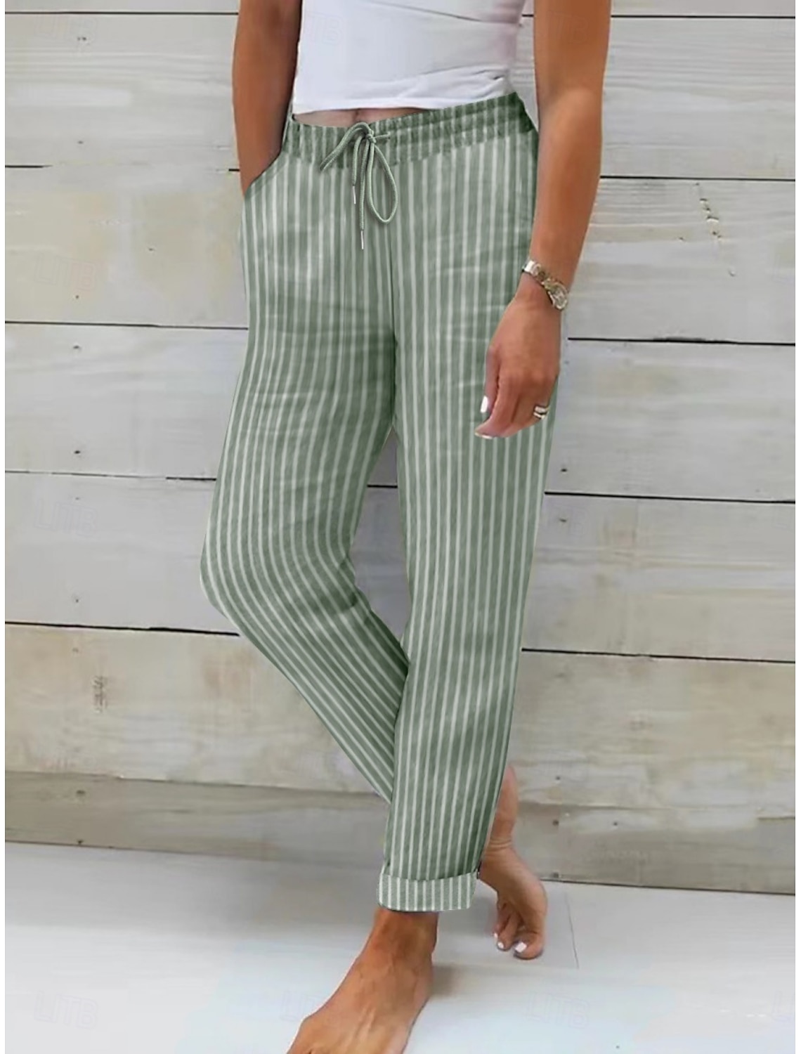Women's Linen-feel Pants Summer Pants Pants Trousers Streetwear Casual Long High Waist Stripe Pocket Printing Elastic Drawstring Design Breathability Soft Micro-elastic Vacation Street Daily Wear