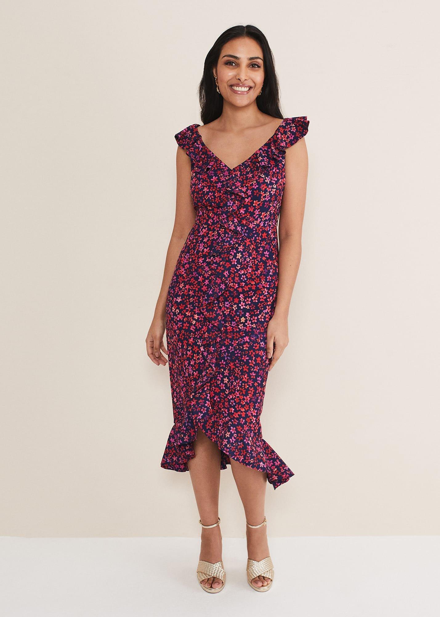 Petite Viola V-Neck Ditsy Frill Dress