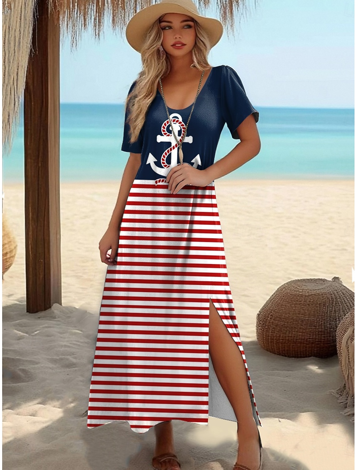 Women's Maxi Dress T Shirt Dress Tee Dress Sundress Shift Dress Summer Dress Vacation Tropical Stylish Vacation Party Holiday Regular Fit Geometric Stripe Short Sleeve Crew Neck White Dark