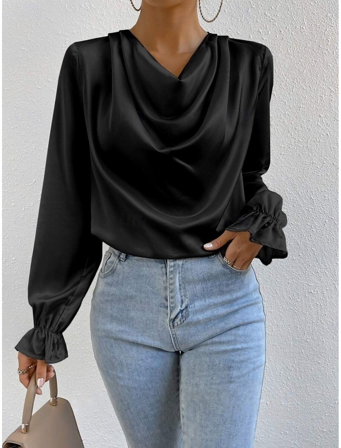 Women's Shirt Blouse Stylish Casual Solid Color Regular Tops Long Sleeve Cowl Neck Ruched Regular Fit Daily Summer Spring