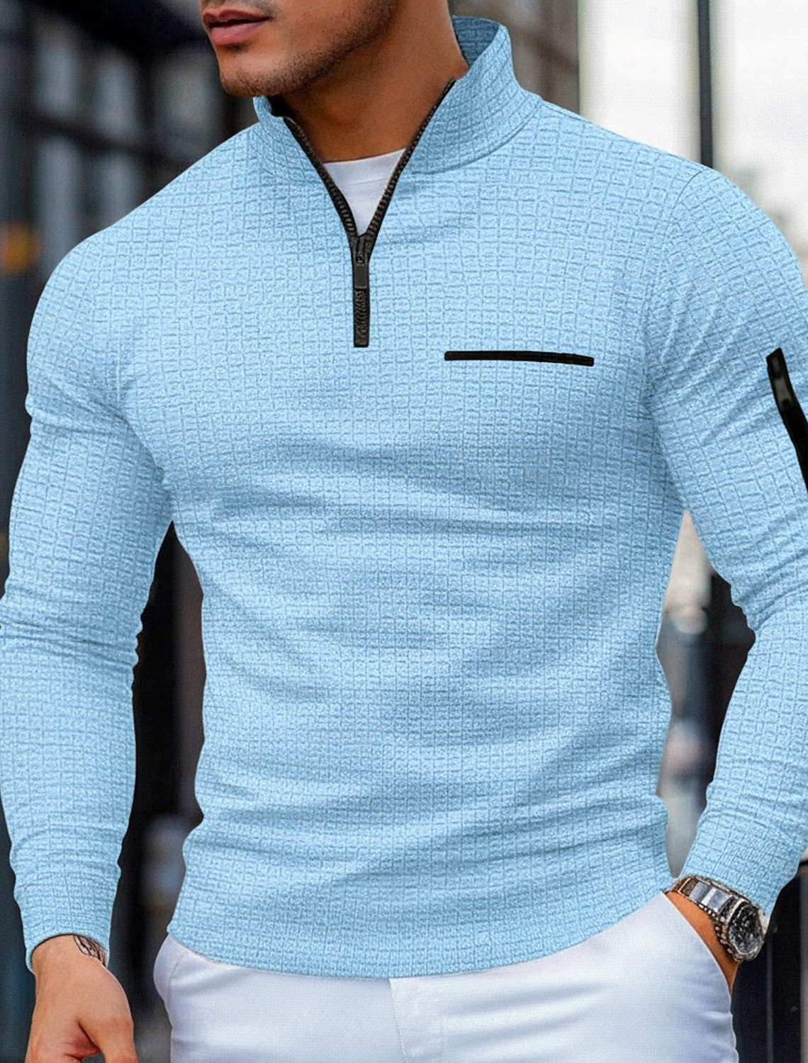 Men's Waffle Polo Shirts Zip Casual Holiday Quarter Short Sleeve