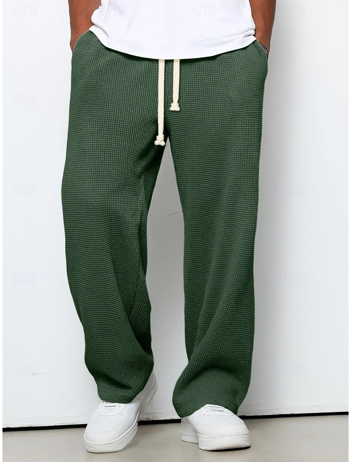Men's Straight Leg Sweatpants Waffle Pants Drawstring Lattice