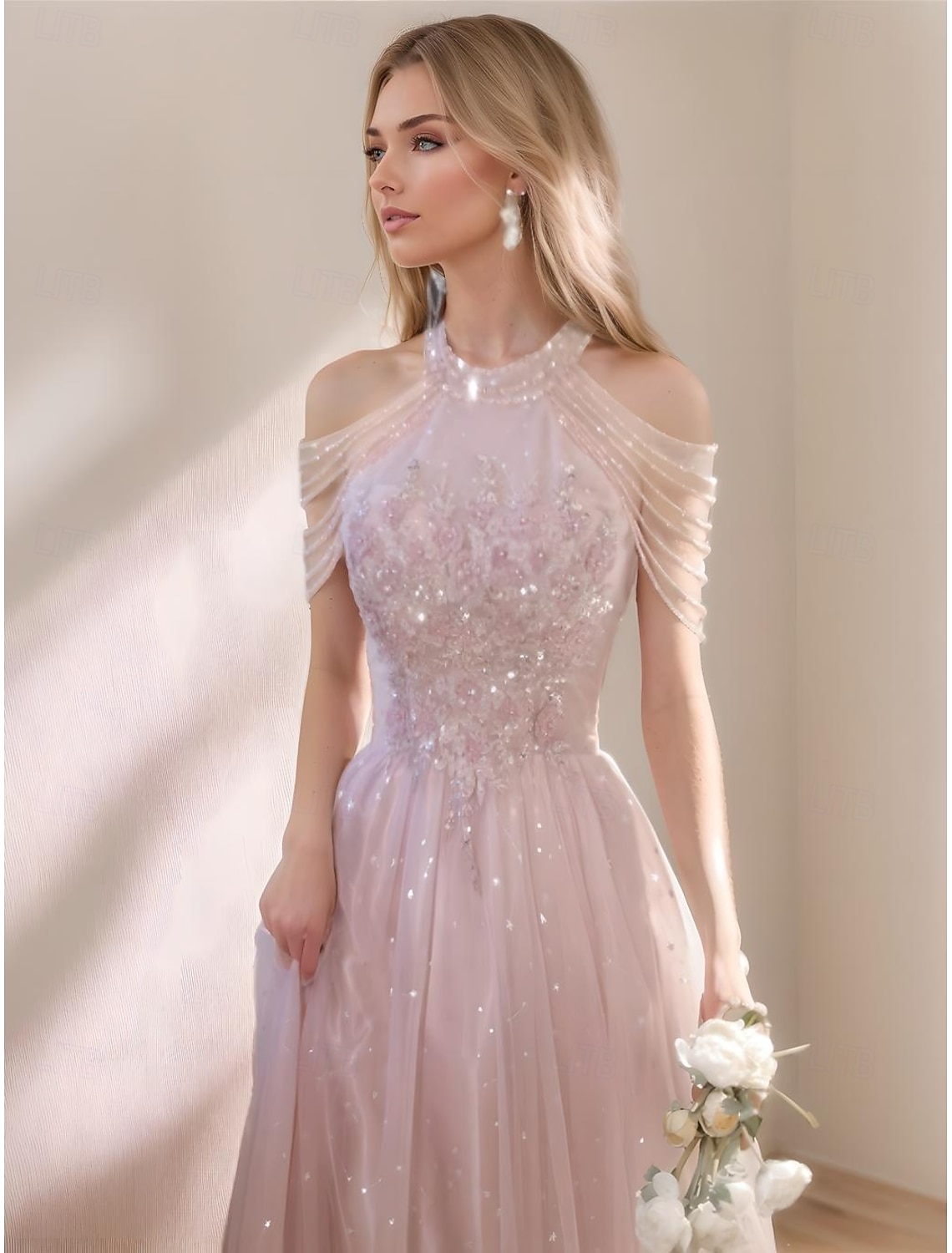 A-Line Prom Dresses Vintage Dress Formal Prom Floor Length Sleeveless High Neck Tulle with Glitter Tassel