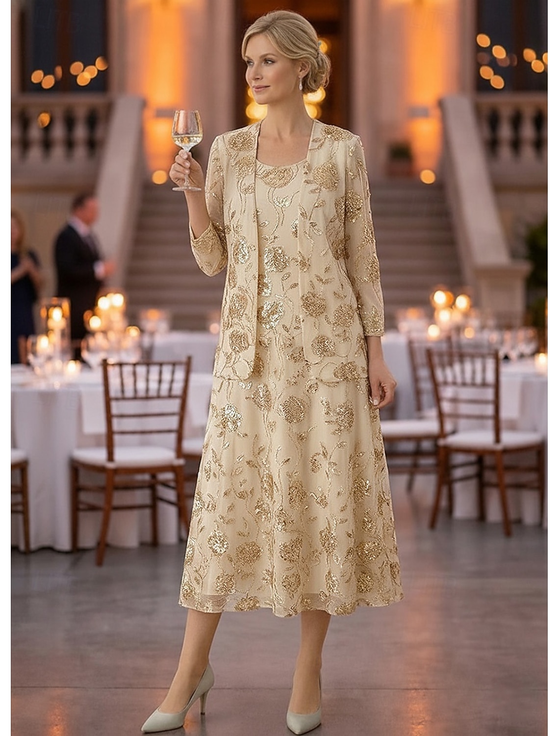 Two Piece A-Line Ankle Length Tea Length Wedding Guest Dress Mother of the Bride Dress Sleeveless Long Sleeve Scoop Neck Elegant Luxurious Sparkle & Shine Formal Wedding Guest Chiffon Sequined with
