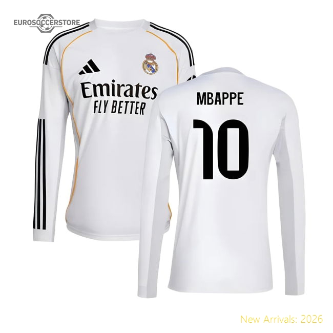 Top-Quality 2025-2026 Real Madrid Long Sleeve Home Shirt (Mbappe 10)