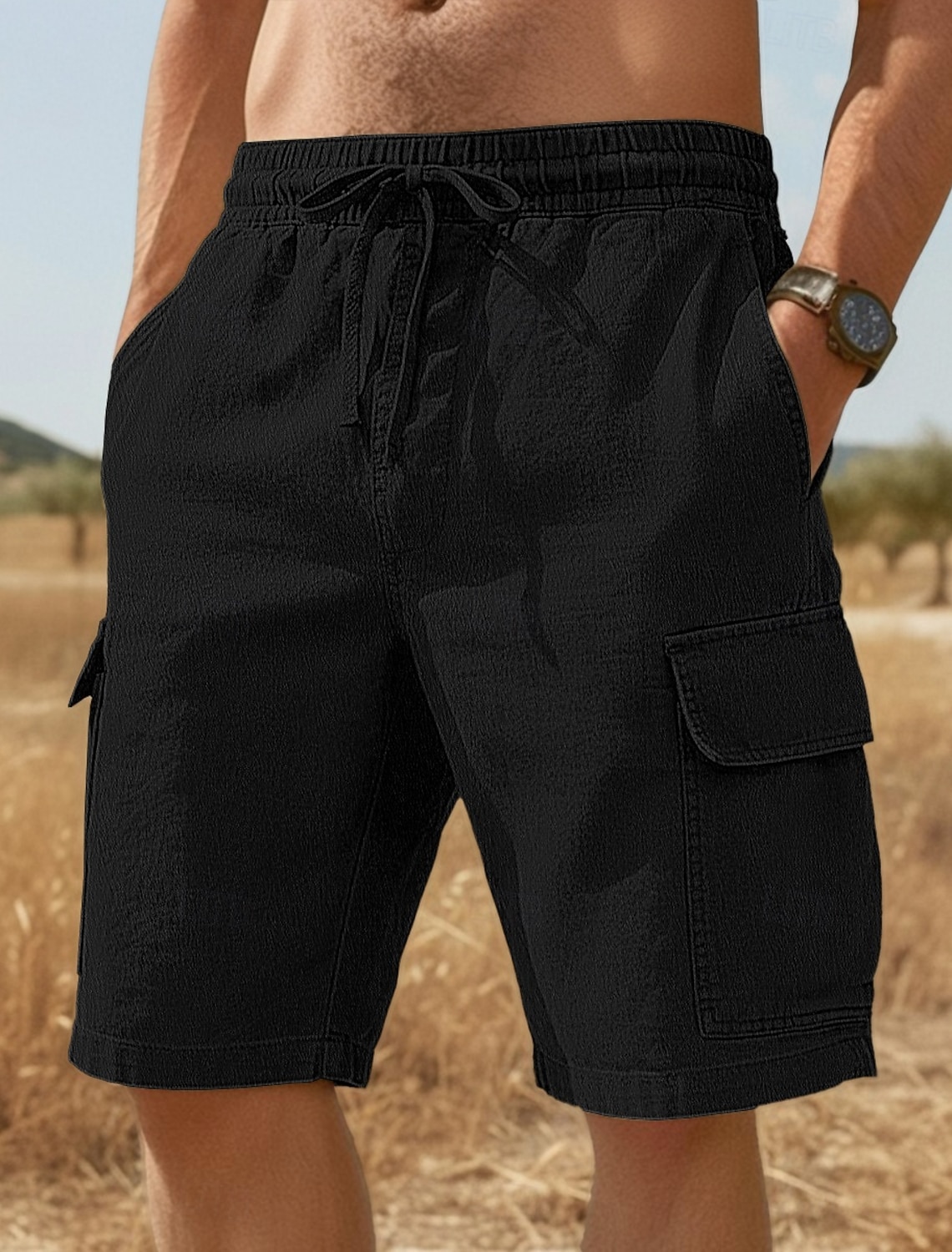 Men's Cargo Shorts Linen Summer Beach Drawstring Elastic Waist Mult #2
