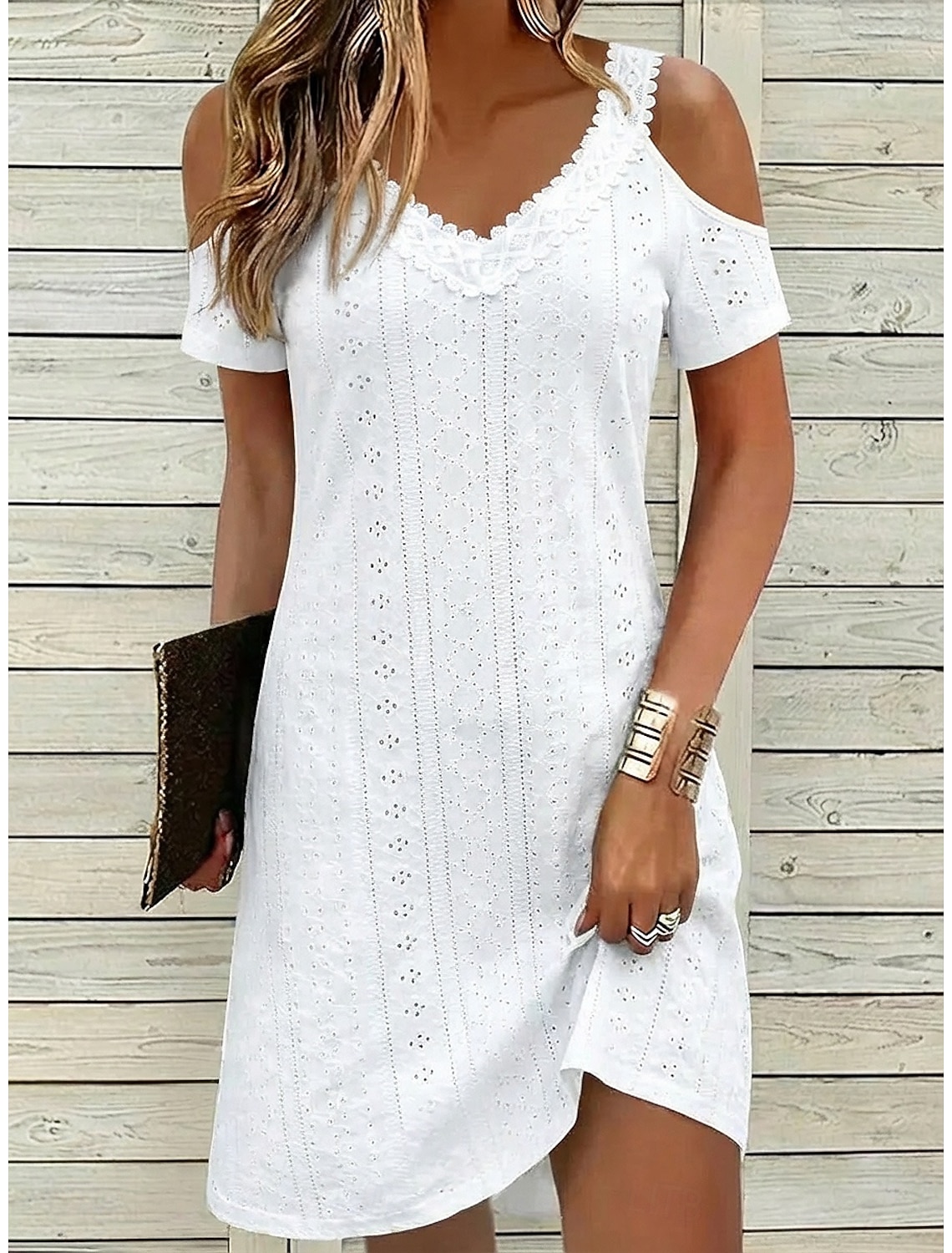 Women's Mini Dress White Dress Summer Dress Eyelet Dress Fashion Modern Beach Vacation Holiday Regular Fit Plain Short Sleeve V Neck Black White Light Green Pink Summer Spring
