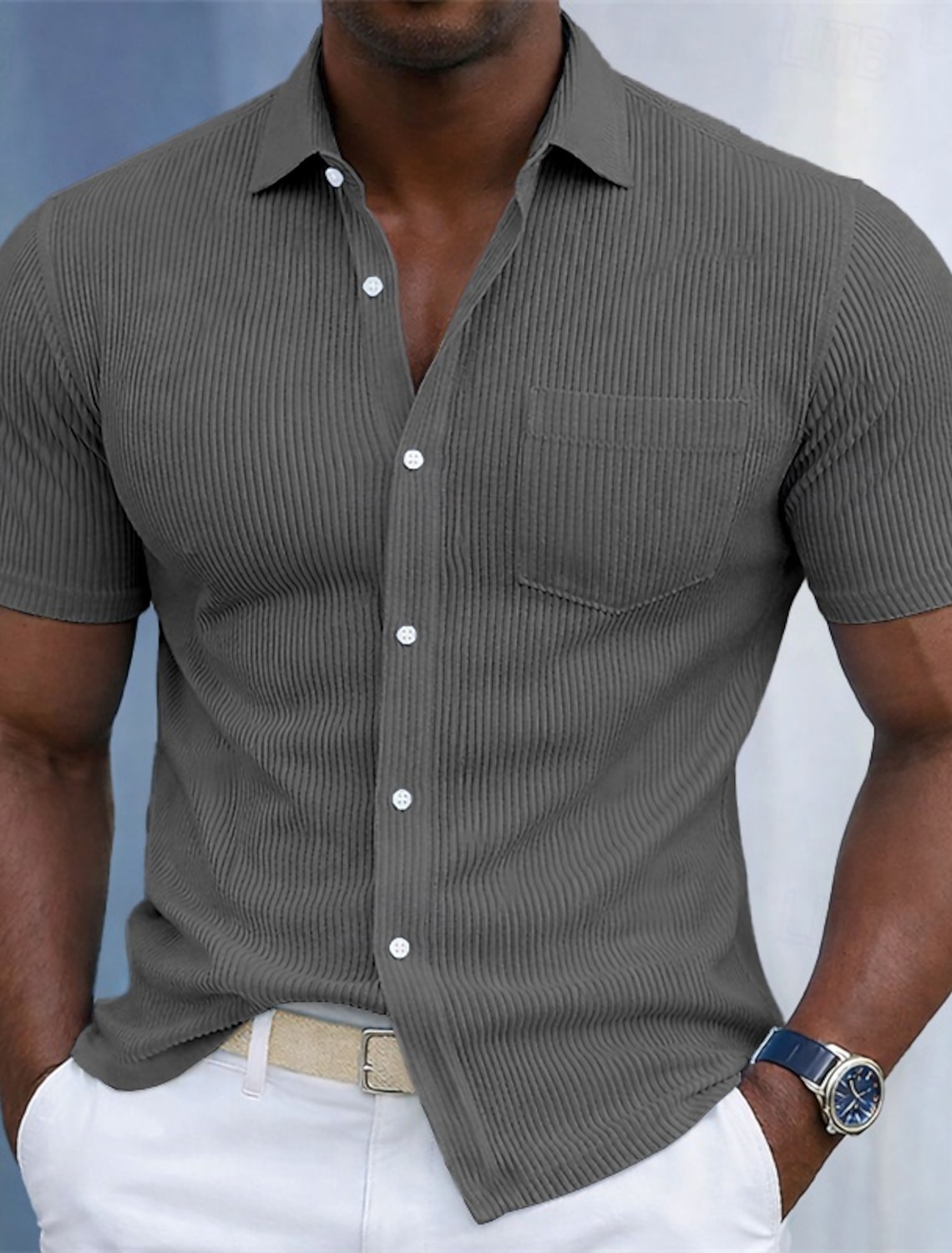 Men's Shirt Corduroy Button Up Blue Black White Navy Purple Long