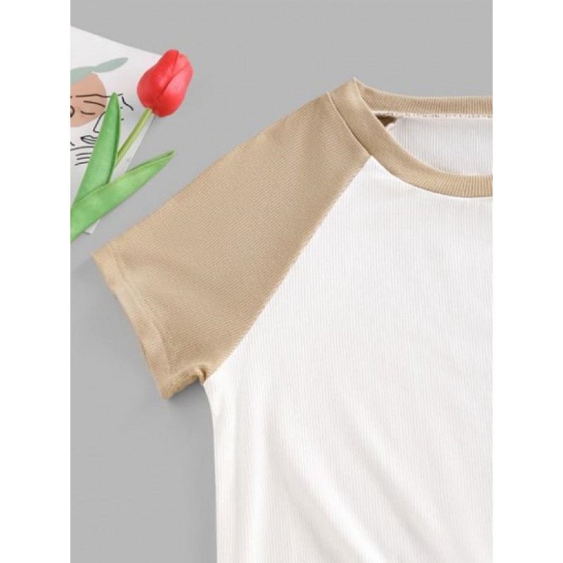 Raglan Sleeve Colorblock Ribbed T Shirt CL5770