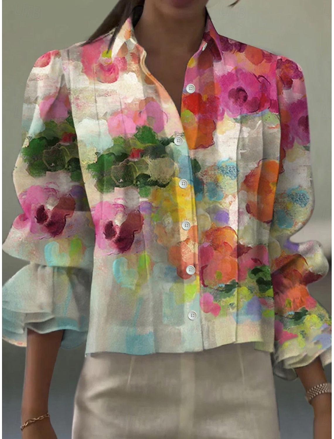 Women's Shirt Linen Like Breathable Lightweight Floral Graphic Elegant Bohemia Vintage Long Sleeve Regular Tops Daily Work Holiday Ruffle Pink Summer Spring
