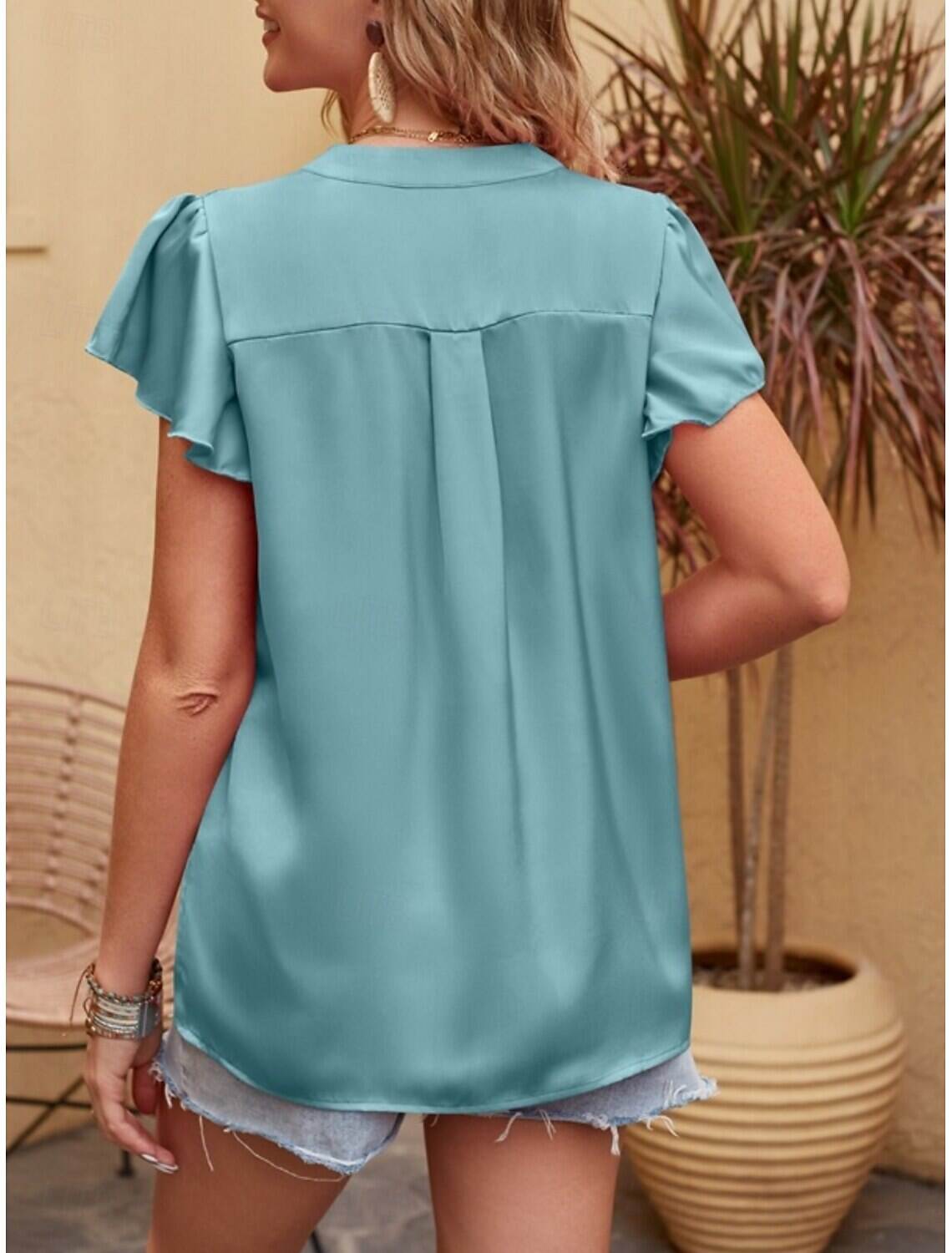 Women's T Shirt Fashion Modern Formal Plain Regular Tops Short Sleeve V Neck Ruffle Regular Fit Formal Wear Summer