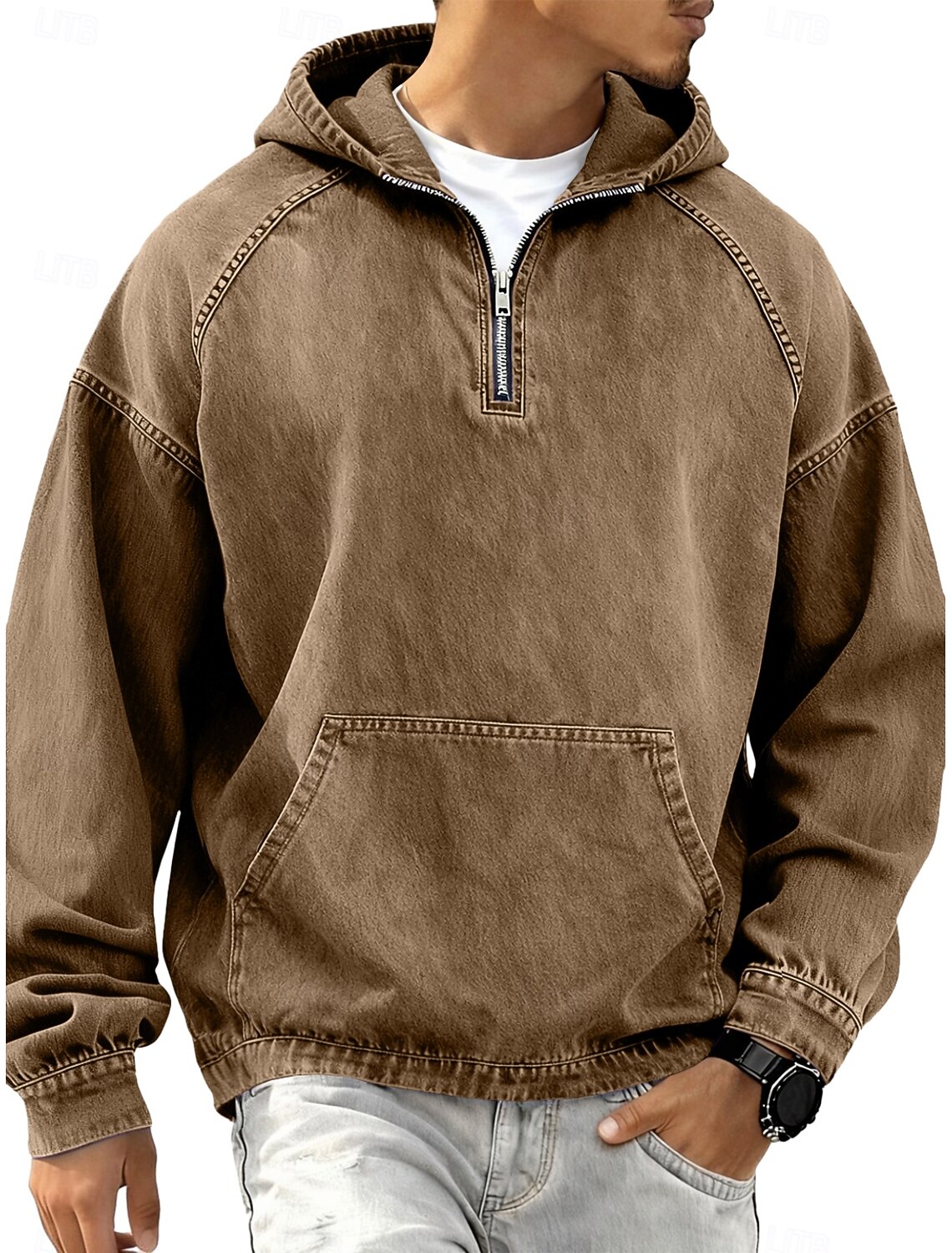 Men's Denim Shirt 100% Cotton Acid Wash Tee Top Long Sleeve Hooded