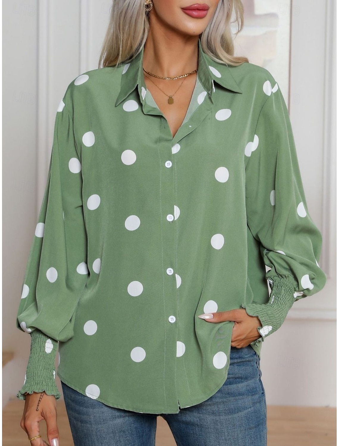 Women's Shirt Blouse Elegant Daily Casual Polka Dot Regular Tops Long Sleeve Shirt Collar Buttons Loose Fit Work Daily Holiday Summer Spring