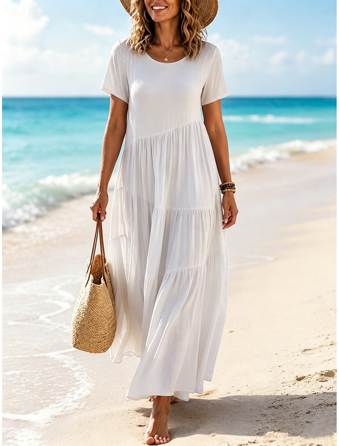 Women's Vintage Crew Neck Ruffle Pleated Asymmetric Maxi Dress Khaki Black White Pink Summer