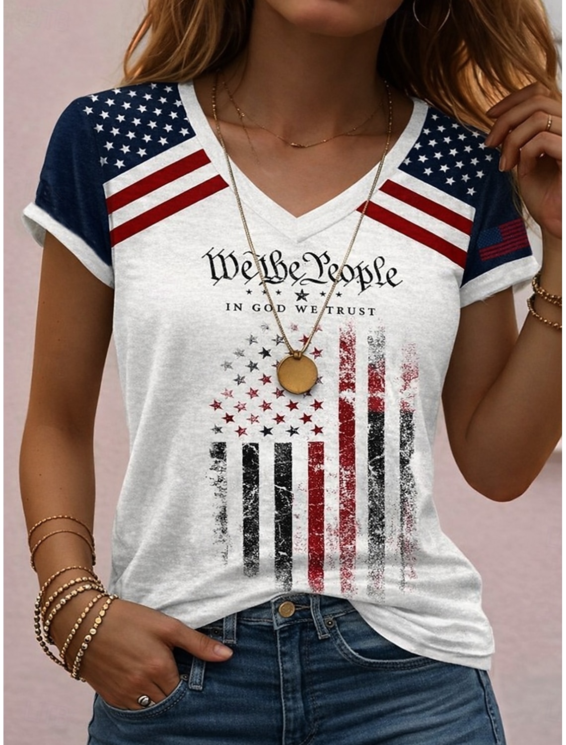 American Independence Day Women's T Shirt Print Graphic Flag American Flag Vintage Stylish Classic Short Sleeve V Neck Regular Tops Daily Blue White-Blue White Red Summer Spring