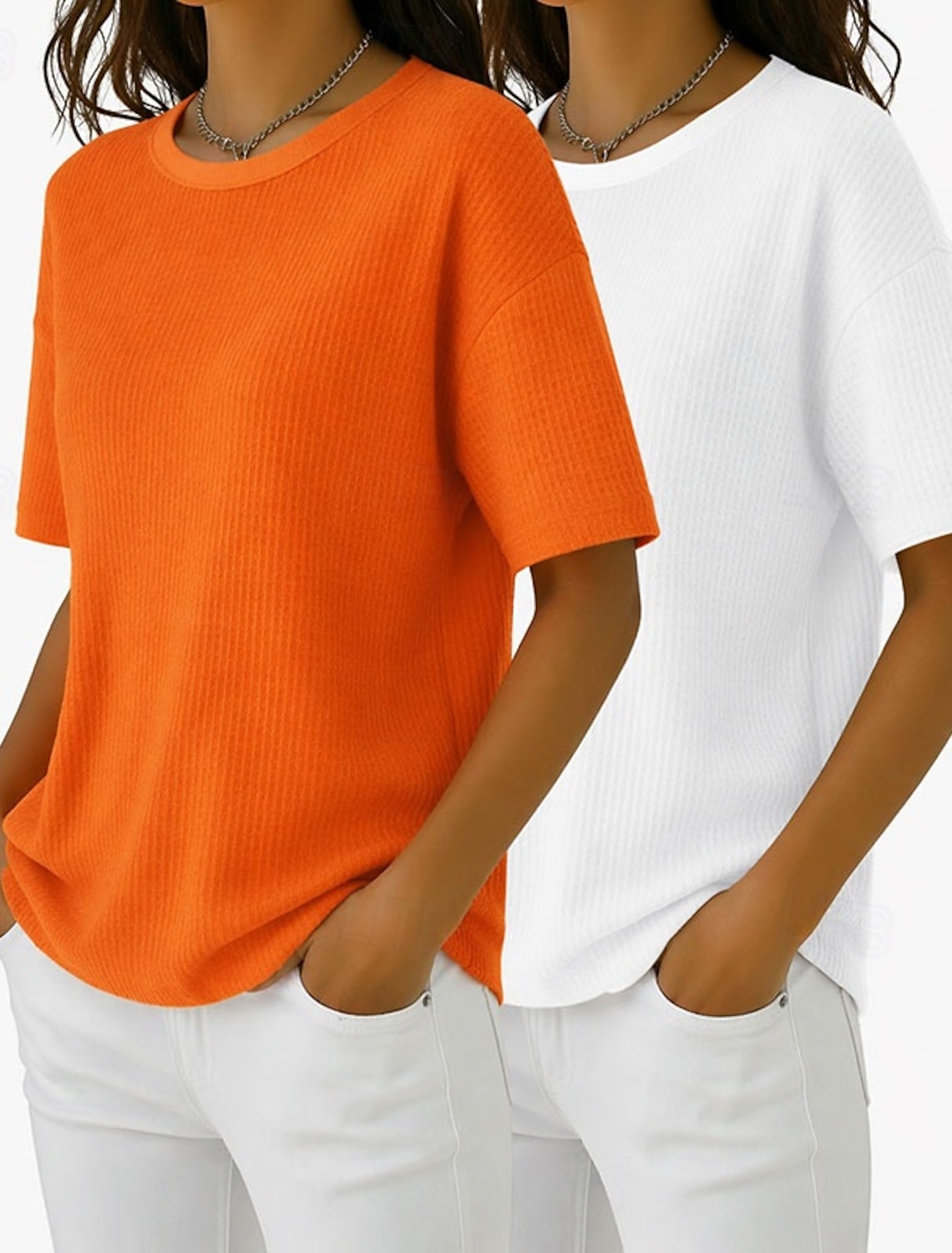 Women's 100% Cotton 2 Pieces Set T Shirt Basic Classic Modern Short Sleeve Crew Neck Regular Tops Casual Daily Going out Black / Red White+Pink White / Black Green / Blue White+Orange Summer Spring