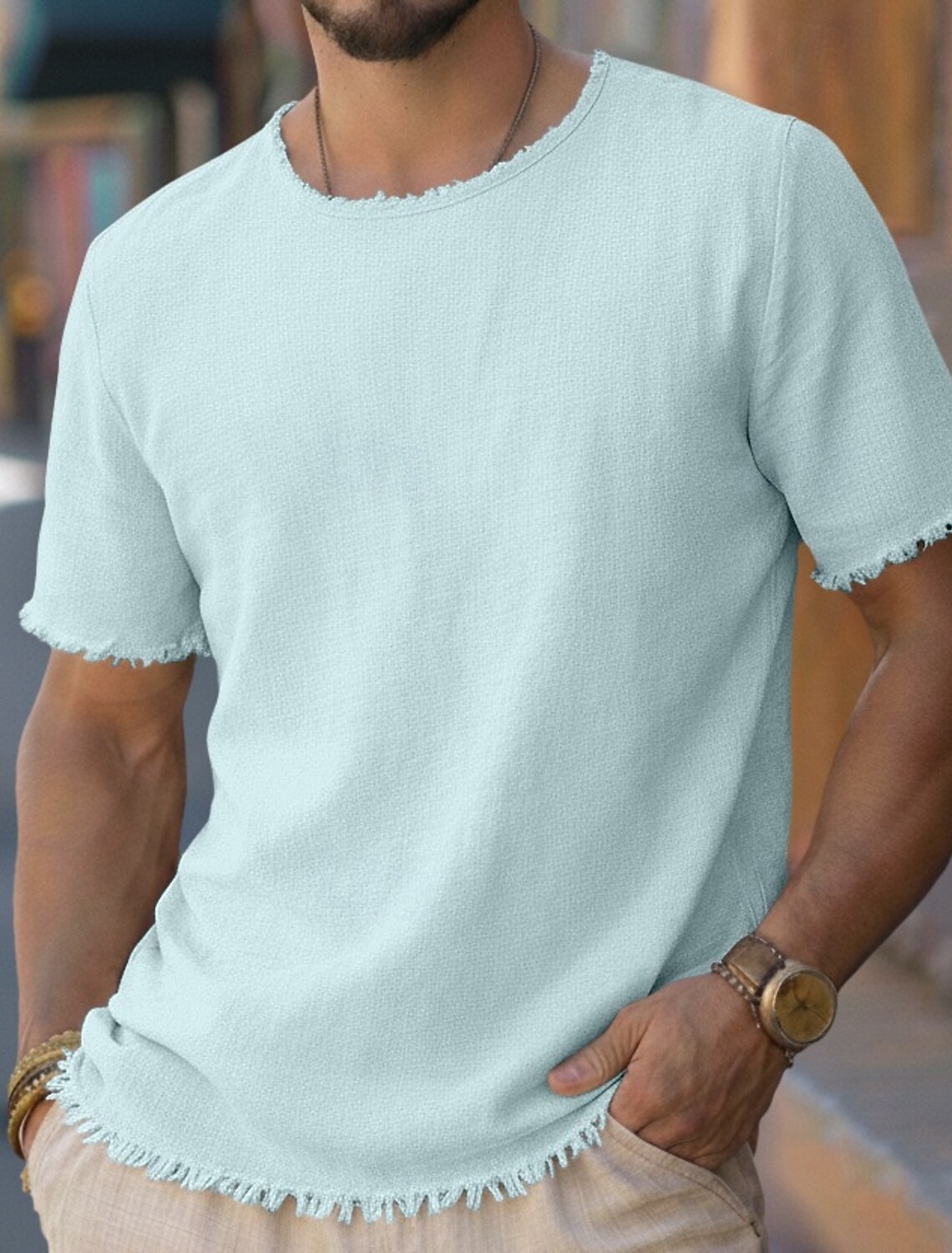 Men's Tee Top Linen T-Shirt Short Sleeves Crew Neck Round Summer Plain