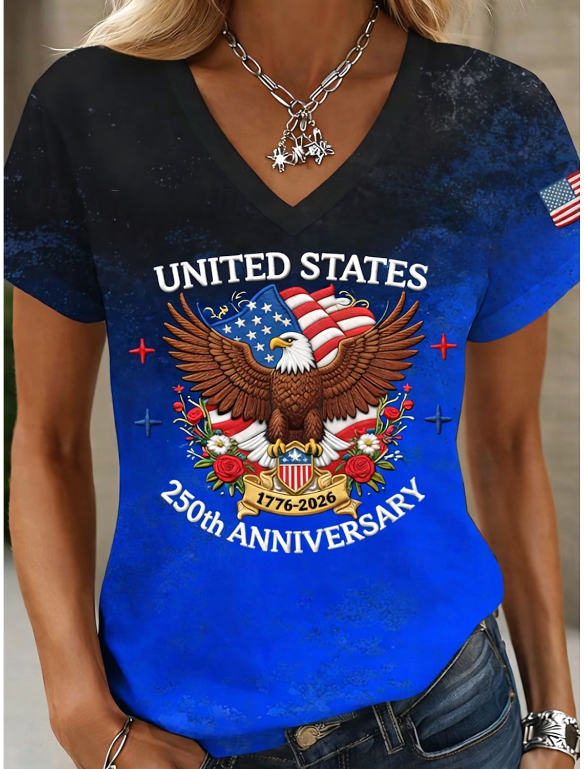 Independence Day American Anniversary Patriotic Women's T Shirt Print Graphic Flag Vintage Stylish Classic Short Sleeve V Neck Regular Tops Daily Red Summer Spring