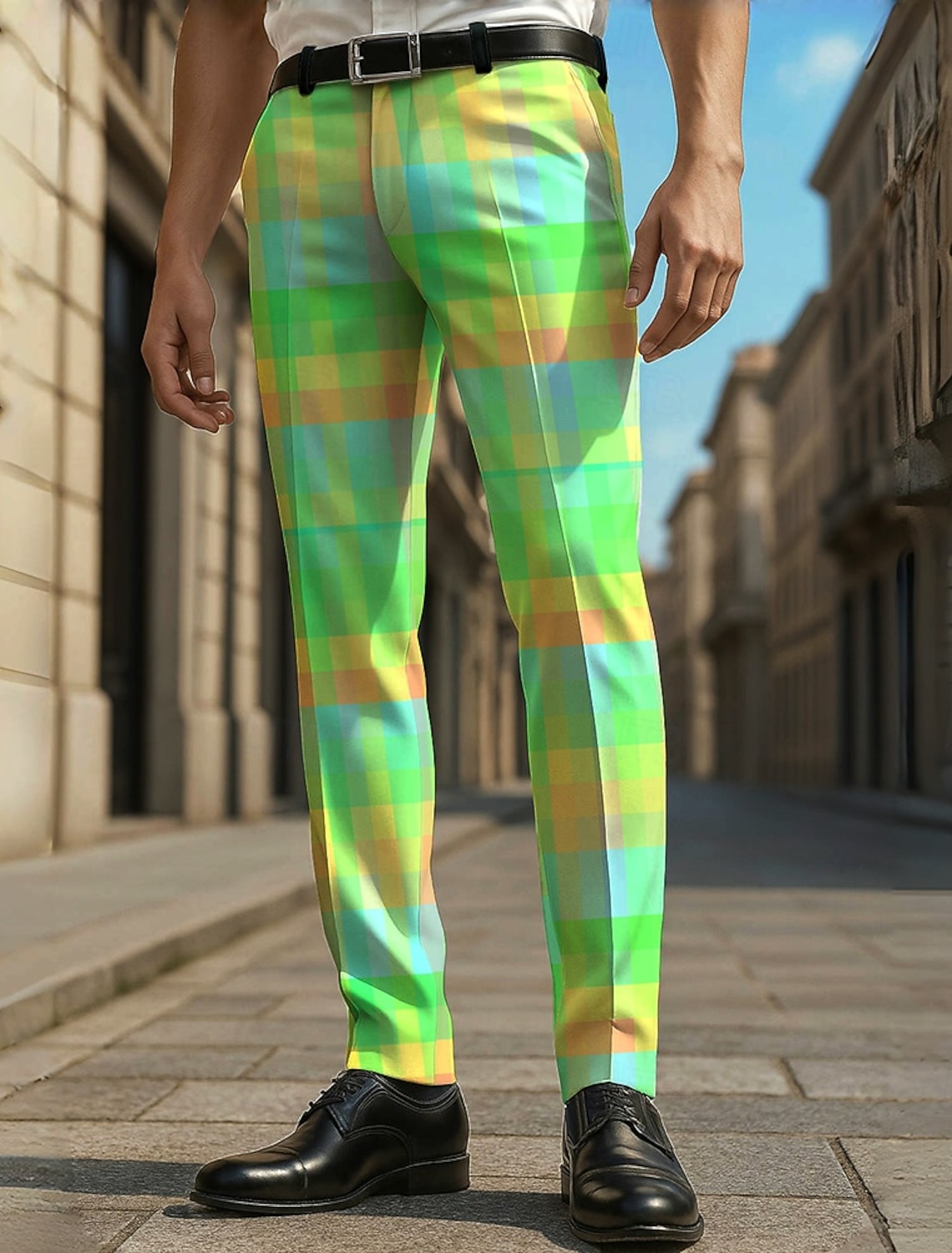 Men's Geometric Color Block Grid / Plaid Dress Pants Trousers Casual Pants Mid Waist Casual Vacation Party Daily Summer Spring Fall 3D Print Yellow Blue Green