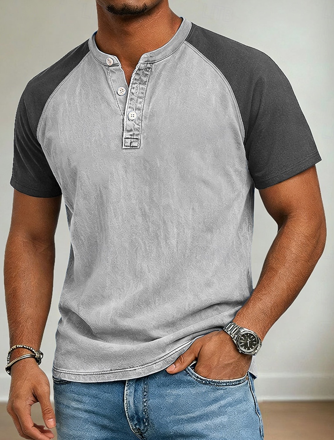 Men's Henley Shirt 100% Cotton Acid Wash Short Sleeve Spring & Summer