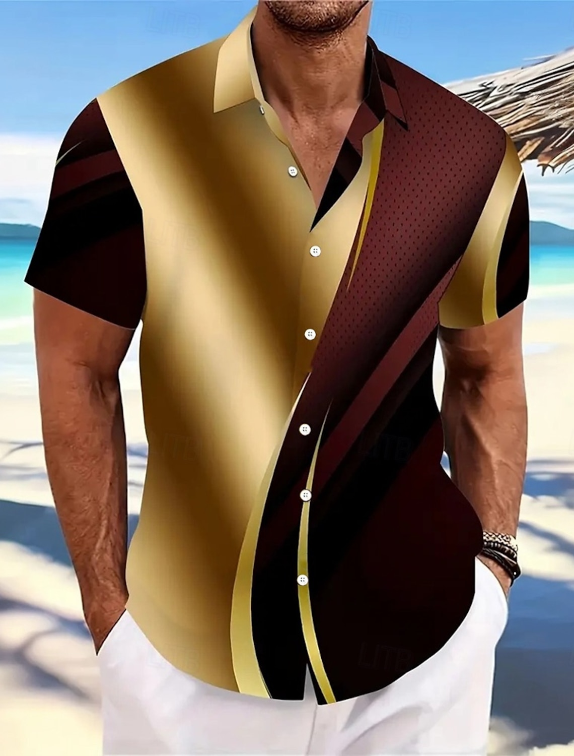 Men's Geometric Gradient Color Line Shirt Summer Button Up Short