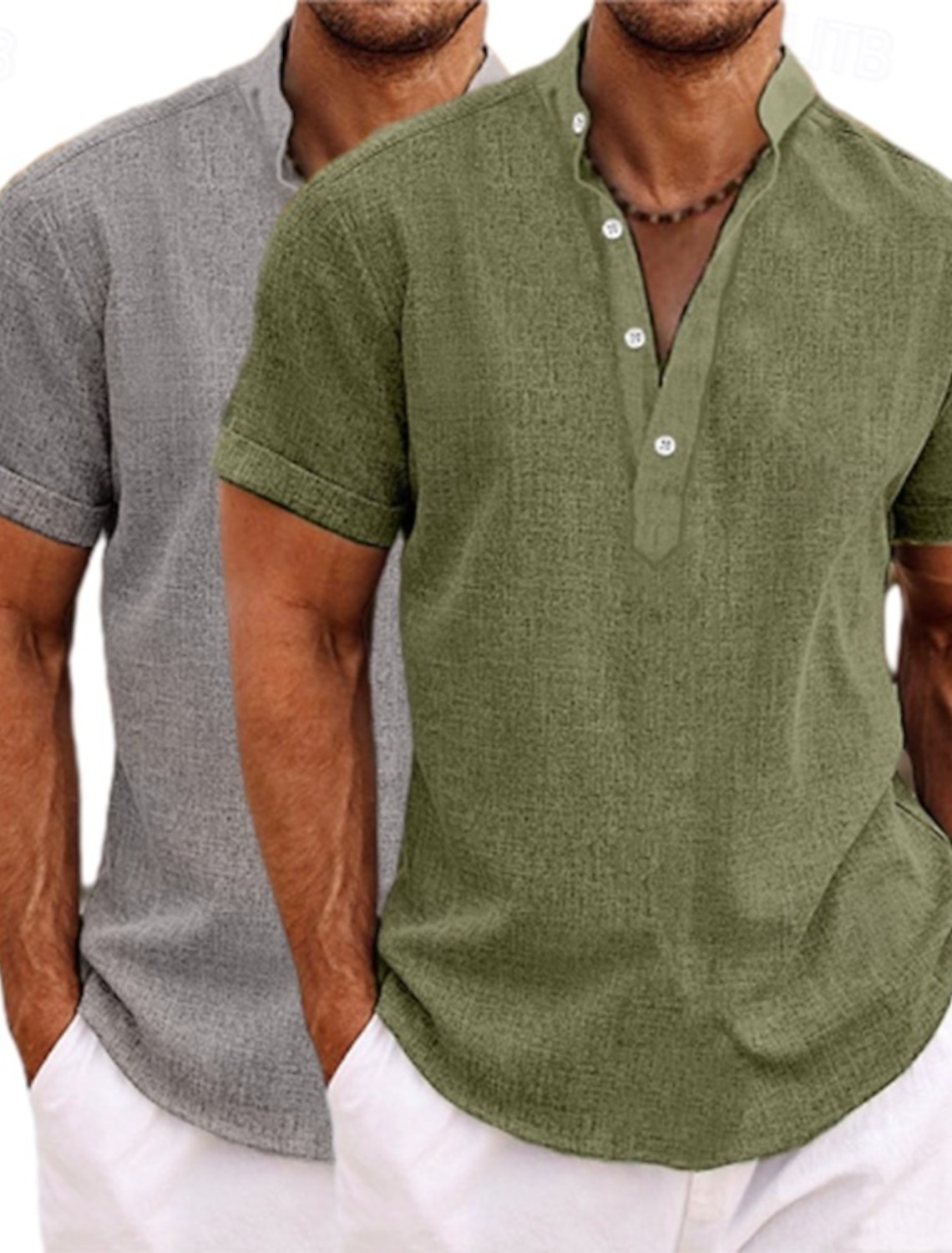 Men's Shirt Linen Shirt Popover Shirt Summer Shirt Beach Wear Band Collar Shirt Plain Vacation Casual Green+Gray White+Yellow White+Green White+Navy Blue Short Sleeve Henley Summer Clothing Apparel