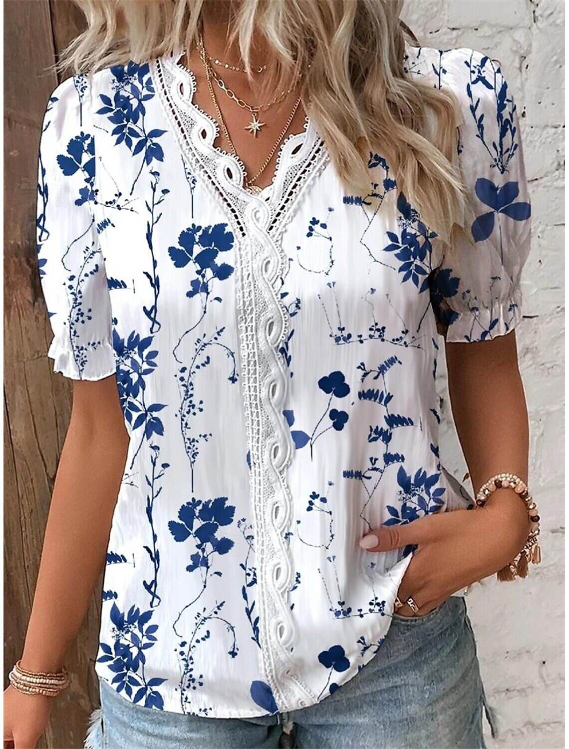 Women's Shirt Lace Shirt Blouse Stylish Modern Floral Lace Patchwork Print Short Sleeve Regular Tops V Neck Daily Sky Summer Spring