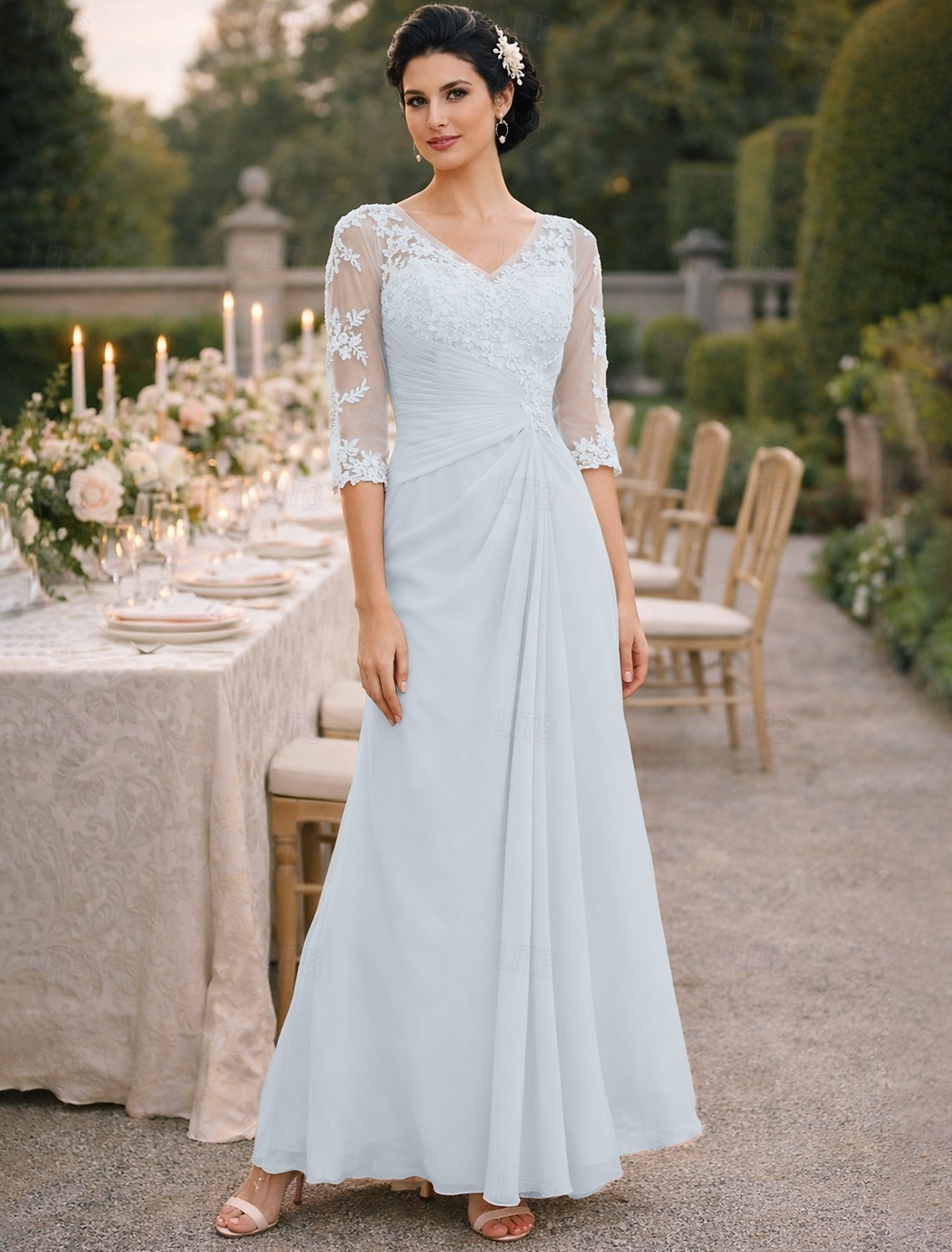 A-Line Floor Length Wedding Guest Dress Formal Dresses Evening Gown Mother of the Bride Dress Half Sleeve V Neck Elegant Plus Size See Through Wedding Guest Chiffon with Appliques Side Draping
