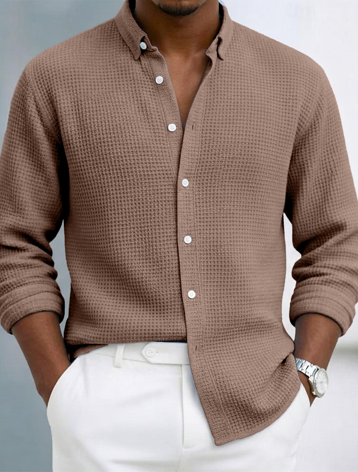 Men's Shirt Waffle Texture Casual Button Up Black White Wine Navy B #1