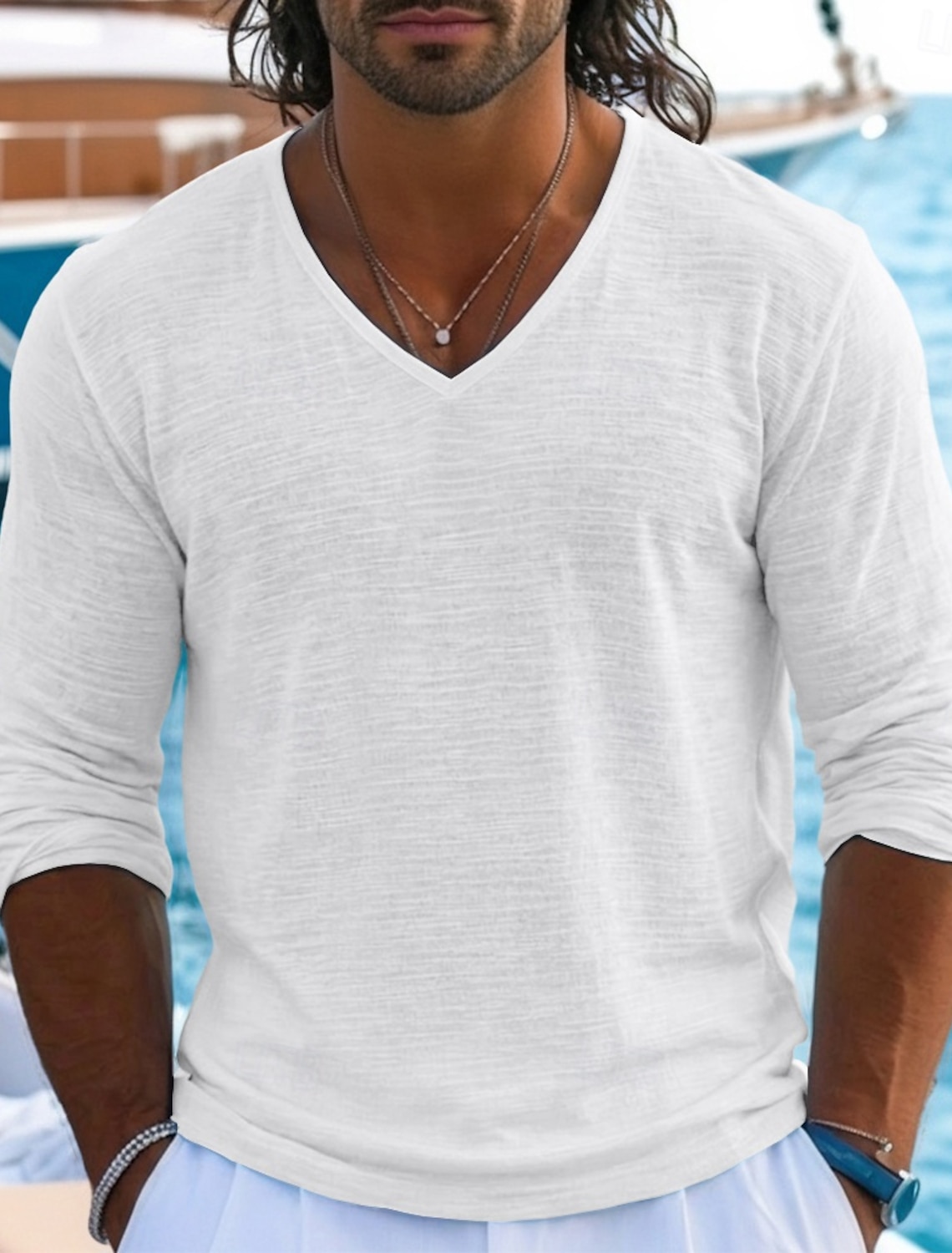 Men's Tee Top Linen T-Shirt Long Sleeve V Neck Summer Spring Spring & Summer Solid Color Plain Textured Daily Casual Street Style Plain Casual Outdoor Street Blue Lake blue Black Top Tee for Men