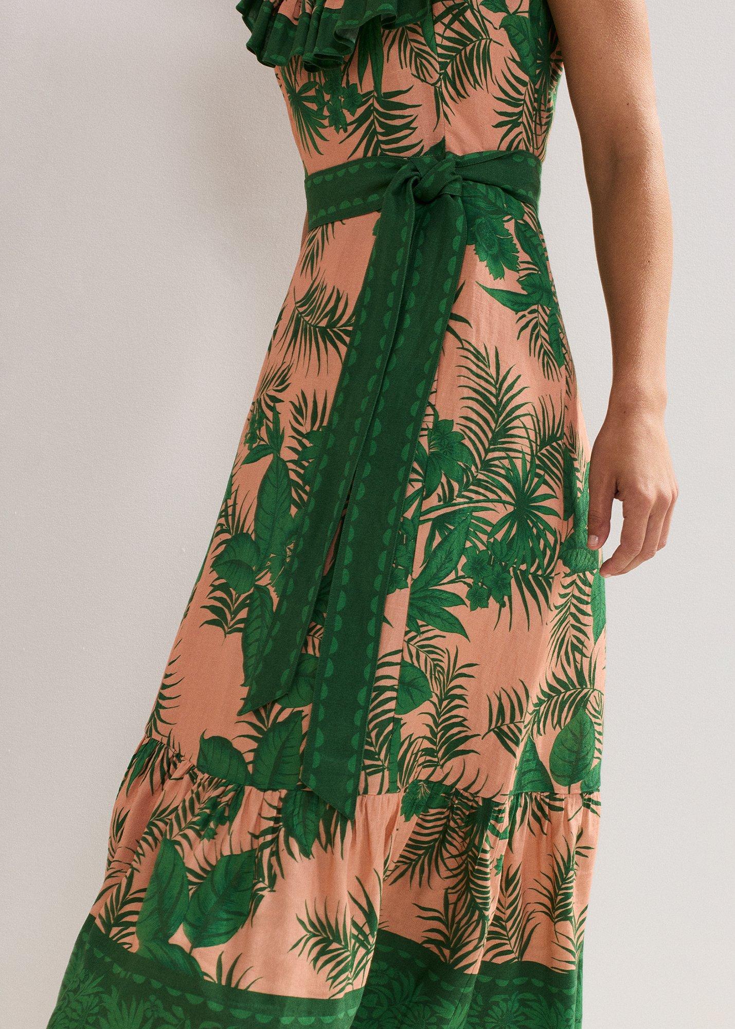 Sandra Frill Sleeve Palm Midi Dress