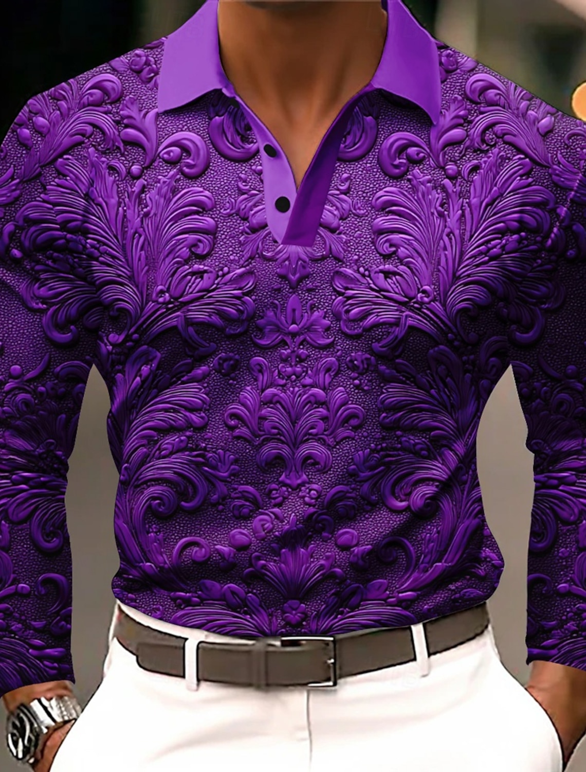 Men's Floral Polo Long Sleeve Polo Shirts Lapel Business Casual Athleisure Daily Wear 3D Print Buttons Spring Fall Winter Blue Purple