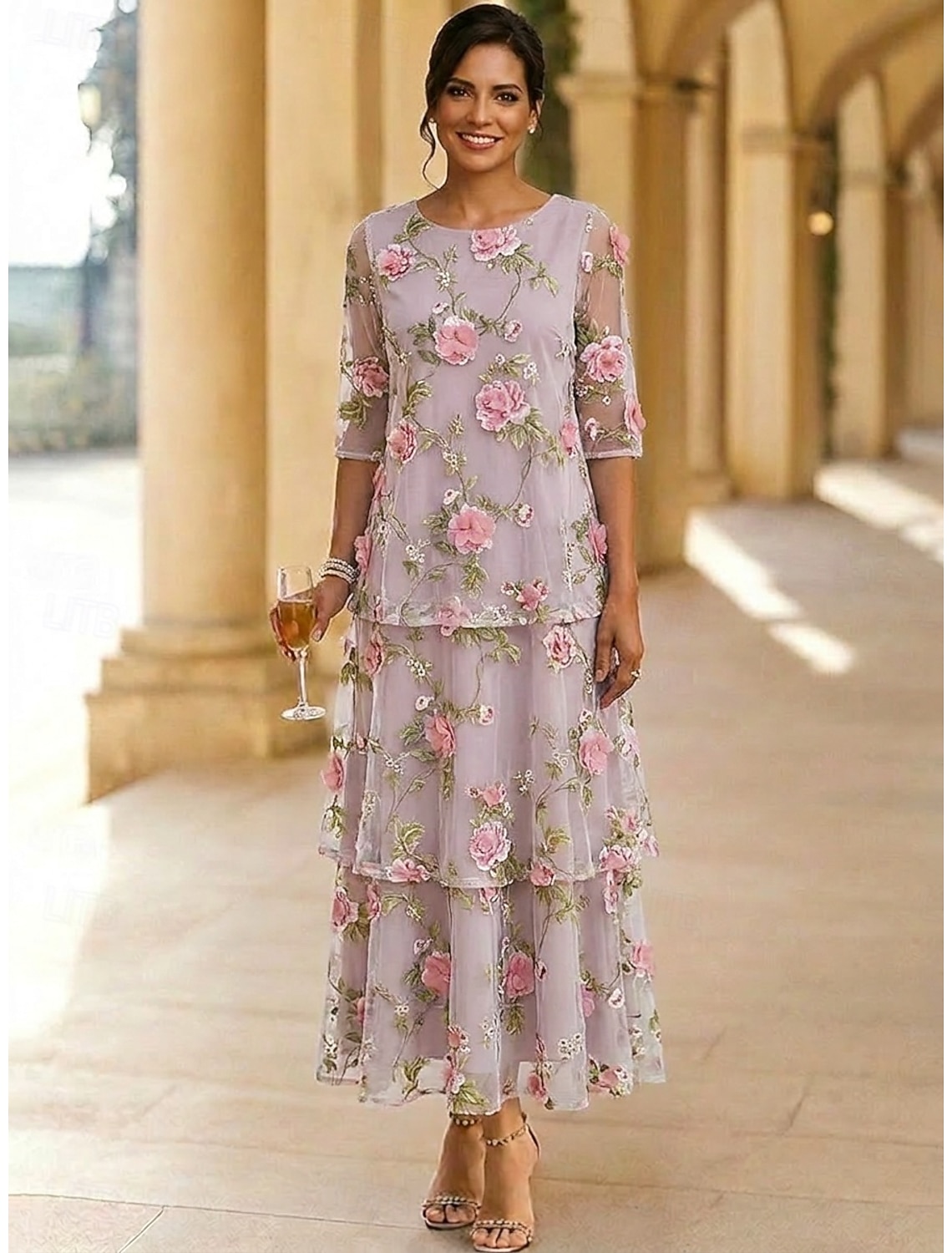 A-Line Dress Ankle Length Party Dress Cocktail Dress Mother of the Bride Dress 3/4 Length Sleeve Scoop Neck Elegant Vintage Formal Wedding Guest Holiday Chiffon Tulle with 3D Flowers Ruffles