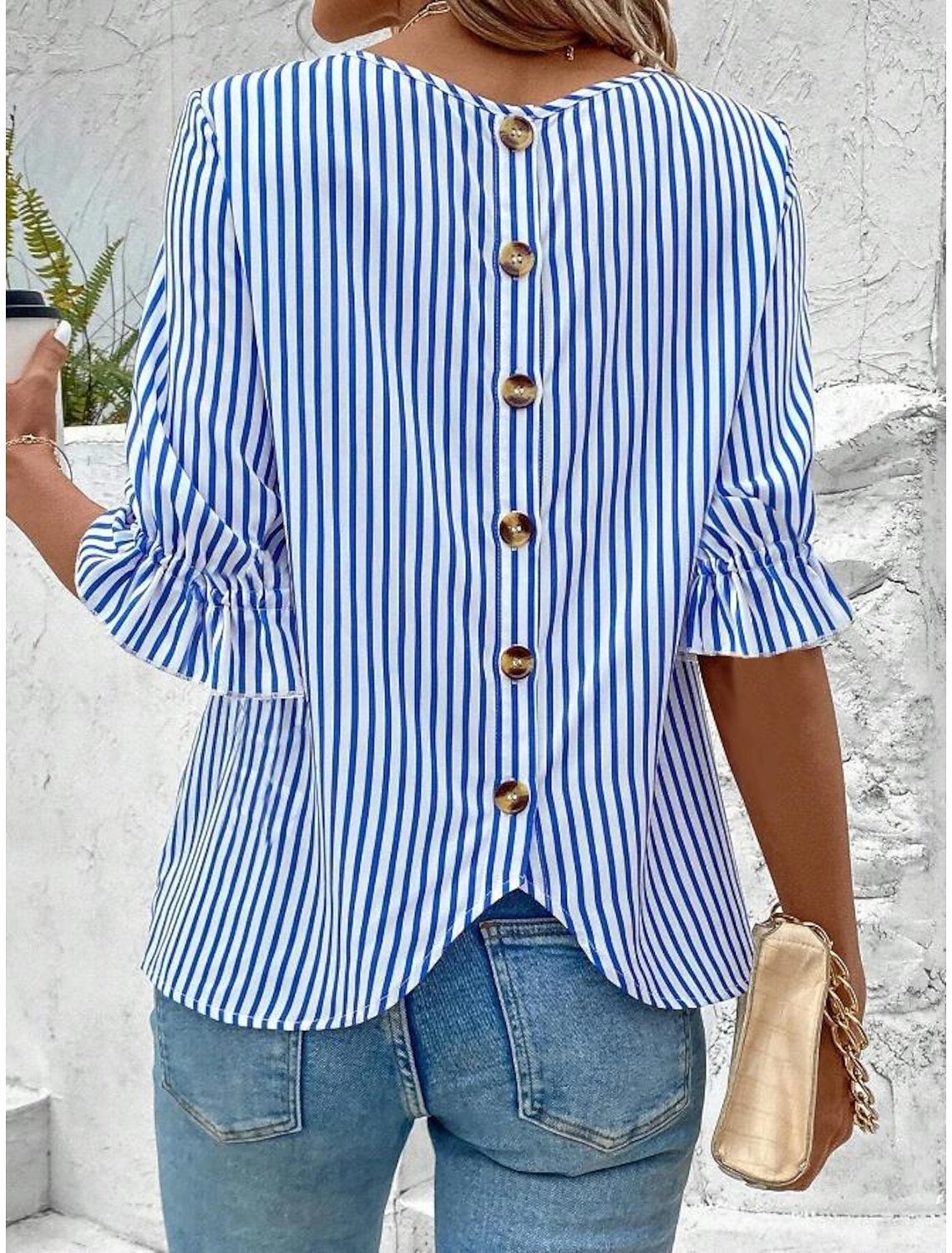 Women's Blouse Dressy Tops Ruffle Buttons Striped Elegant Bohemia Half Sleeve Crew Neck Work Blue Summer