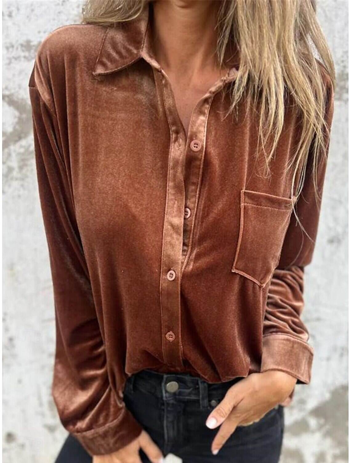 Women's Shirt Blouse Basic Casual Solid Color Regular Tops Long Sleeve Shirt Collar Buttons Regular Fit Daily Fall Winter