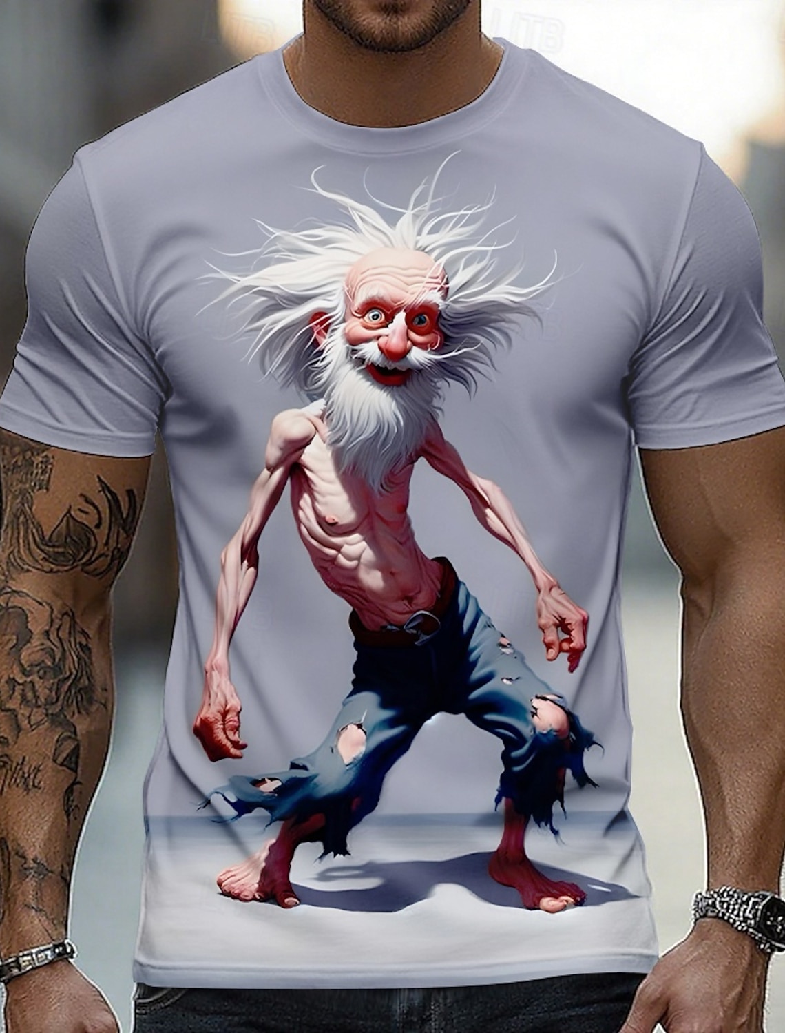 Funny 3D Graphic Cool Old Man with White Beard & Sunglasses Men's Teal T-Shirt - Quirky Grandpa Caricature Design Short Sleeve Crew Neck Summer Beach Holiday Tee - Unique Father's Day Gift Apparel