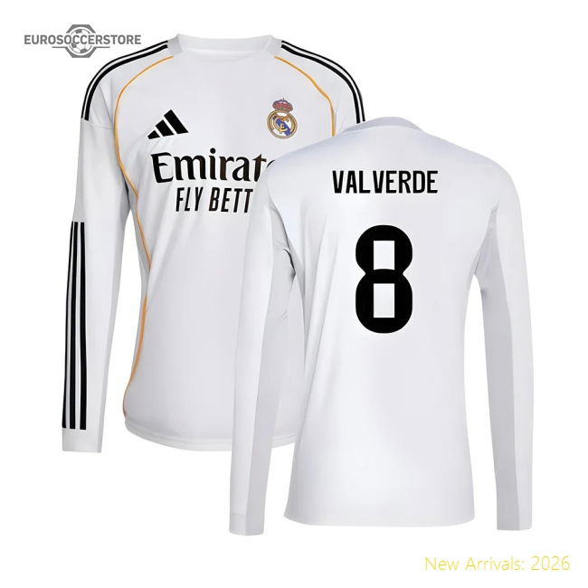 Genuine 2025-2026 Real Madrid Long Sleeve Home Shirt (Valverde 8)