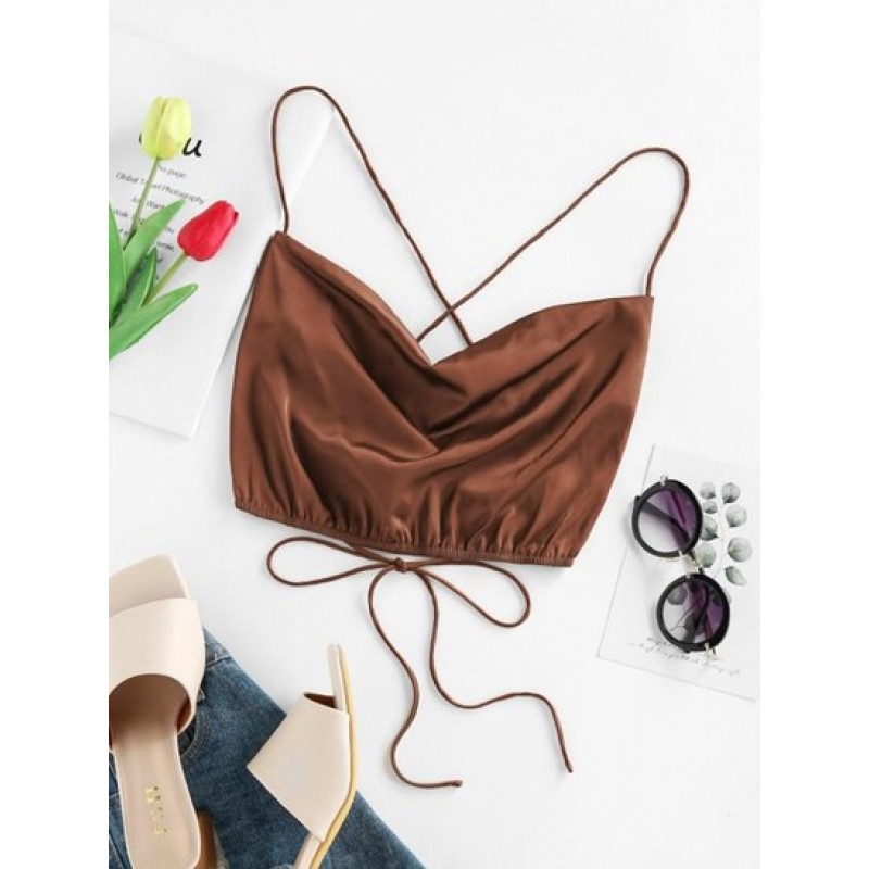 Satin Cowl Front Criss Cross Crop Camisole AO0955