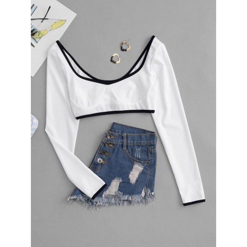 Contrast Piping Corset Style Crop Tee BW5211