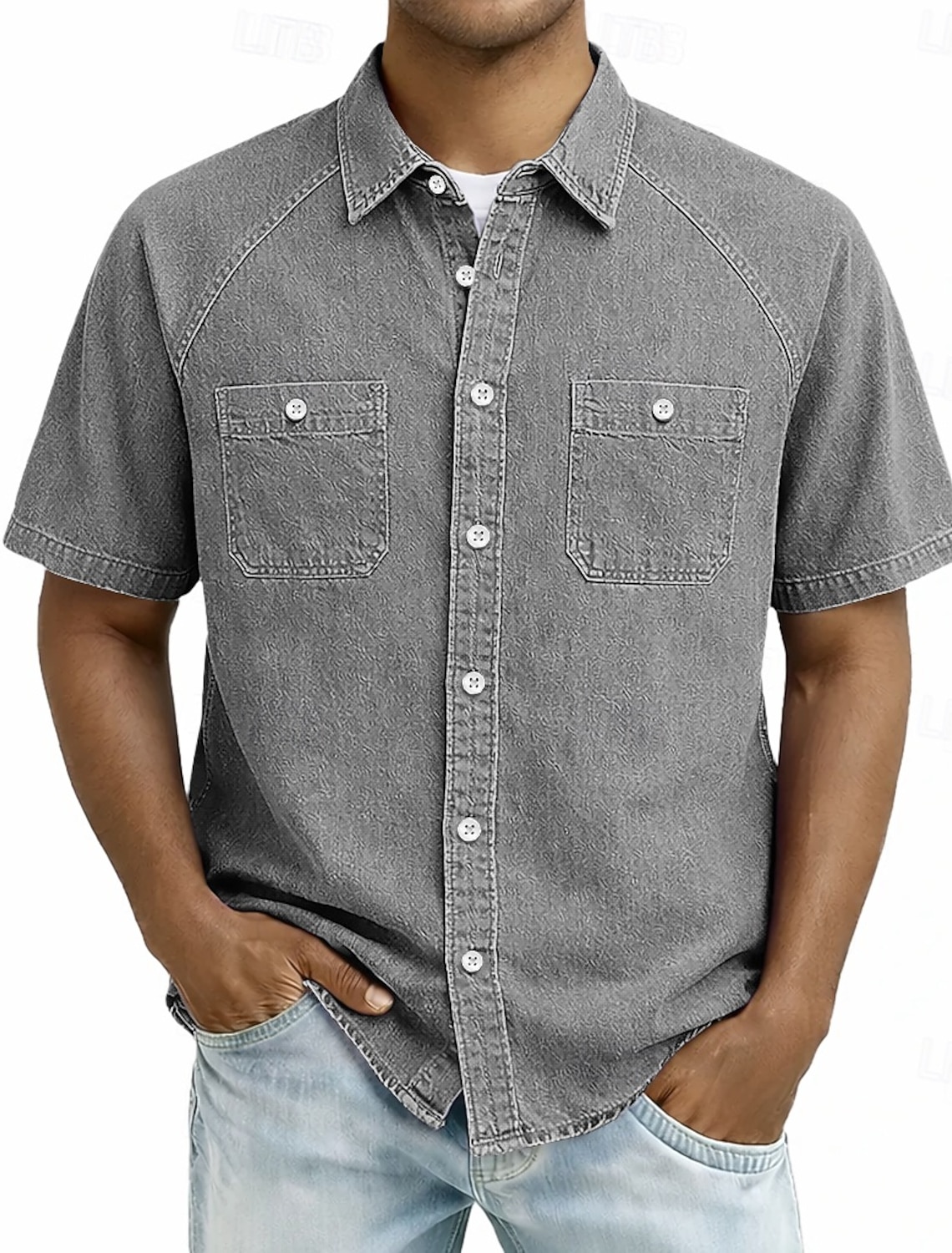 SoftFade™ Men's Shirt Casual Shirt Button Up Shirt Cotton Acid Wash Shirt Black Light Green Pink Purple khaki Short Sleeve Plain Grandad Collar Casual Daily Front Pocket Clothing