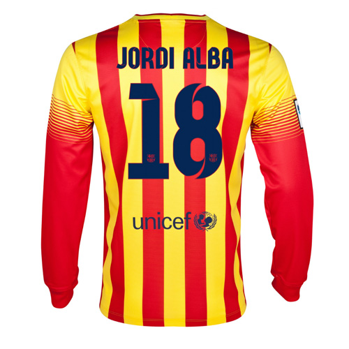 13-14 Barcelona 18 Jordi Alba Away Long Sleeve Soccer Jersey Shirt -