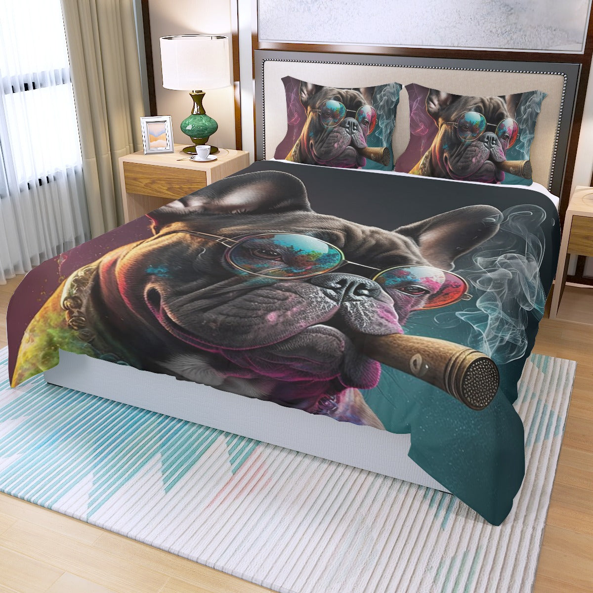 French Bulldog Smocking Frenchie Art Duvet Cover Set 3 Piece Bedding Durable Dog Item