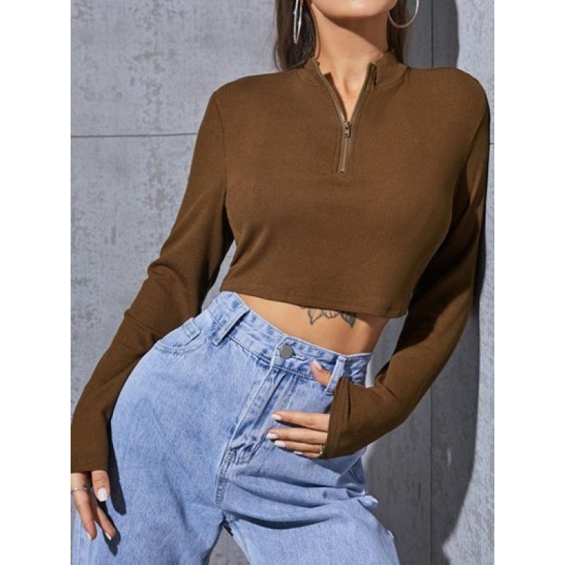 Ribbed Half Zip Crop T Shirt DN8769